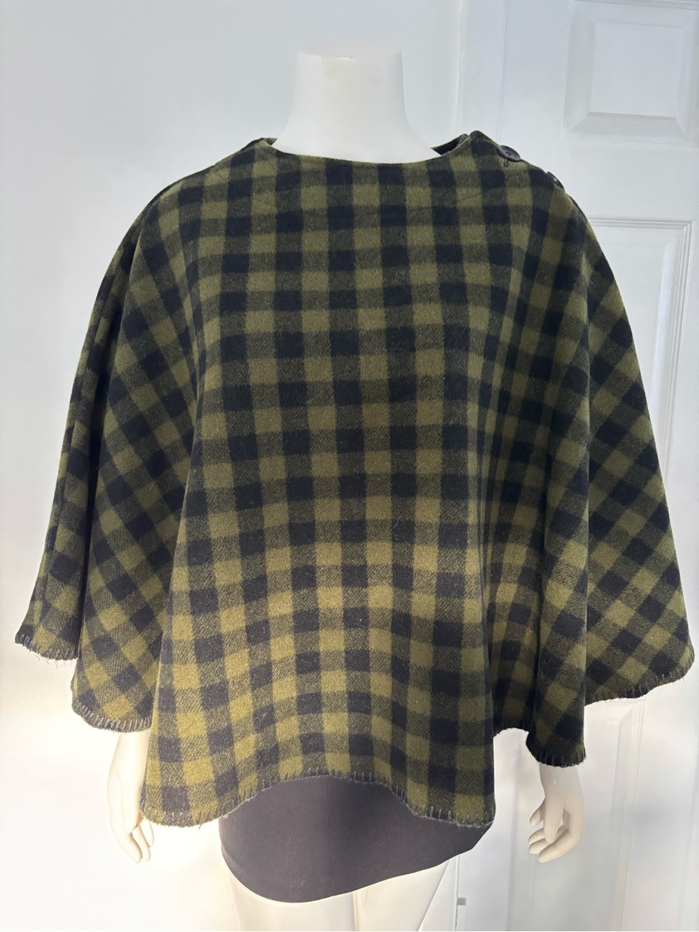 Olive and Black Plaid Wool Women's Cape Coat